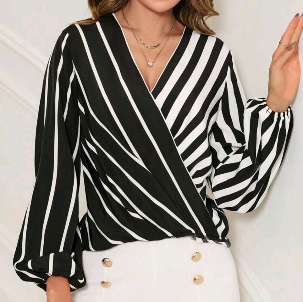Black & White striped color block faux wrap spring blouse - Picture 4 of 8